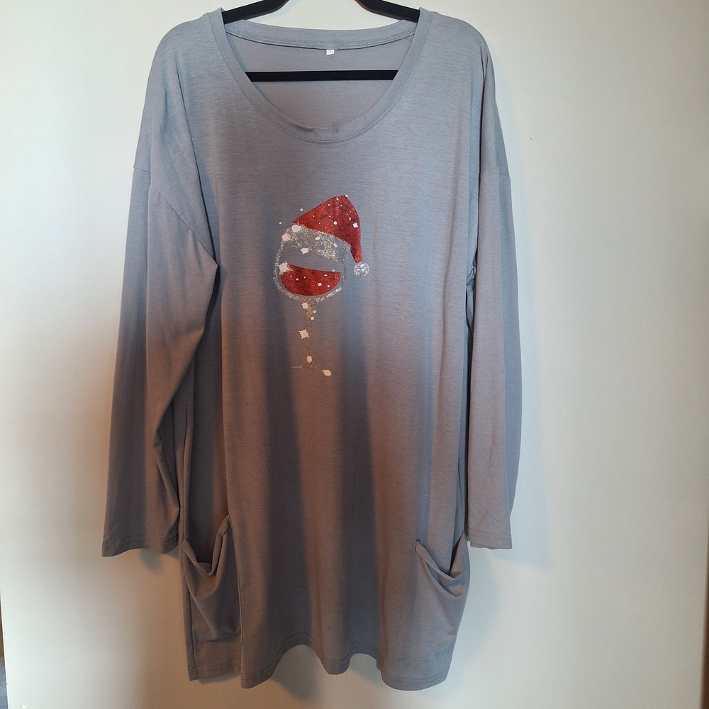 Christmas Wine Glass Santa Hat Night Gown Sleep Shirt Tunic Top Gray Size 2XL